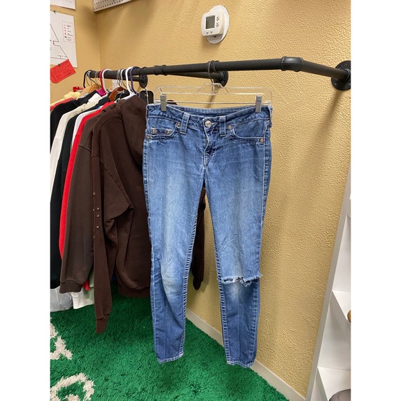 True Religion Women Joey Jeans Blue Wash Skinny Leg Distressed Size 28 - Picture 4 of 8